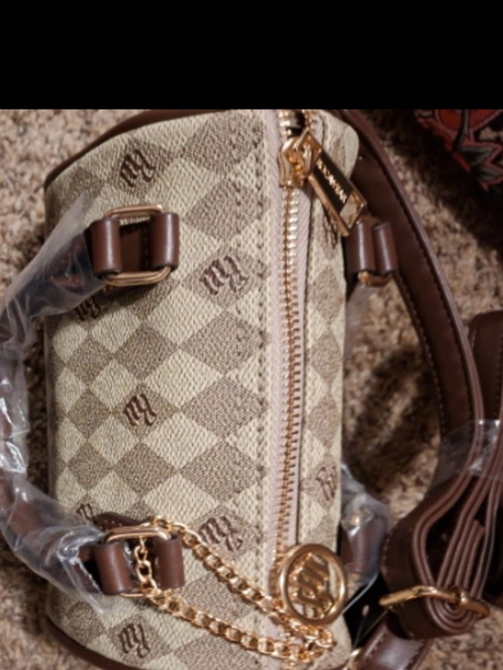 Rocawear Beige and Brown Checkered Mini Crossbody with Gold Chain
